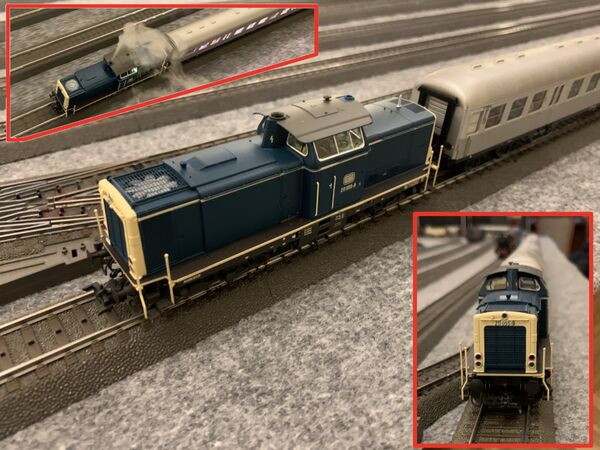 Drei Ansichten einer Baureihe 211 von ESU mit Märklin Silberlingen.