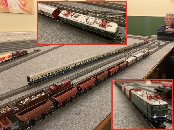 Oben Mitte: Die E 50 von Oben Mitte: Der Güterzug auf der Anlage neben anderen Zügen. Rechts Unten: Detail-Ansicht der E 50
