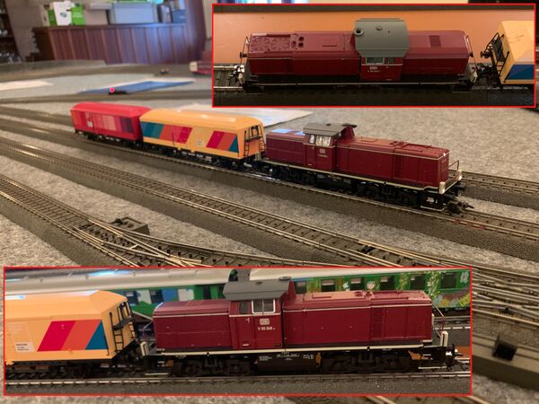 Schwere Rangierlokomotive Baureihe V 90 mit PANTONE Sonderwagen 13-1023 Peach Fuzz und 18-1750 Viva Magenta