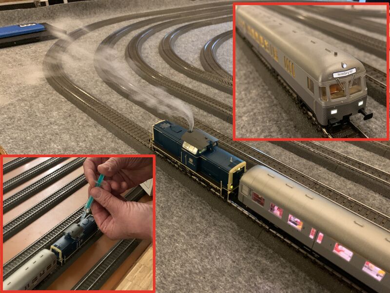 Links Unten: Destilat wird mit einer Spritze in den Schornstein eingefüllt. Mitte: Die Lok in voller Fahrt mit Rauchfahne "vom Dieselmotor". Rechts oben: Ein Märklin Steuerwagen