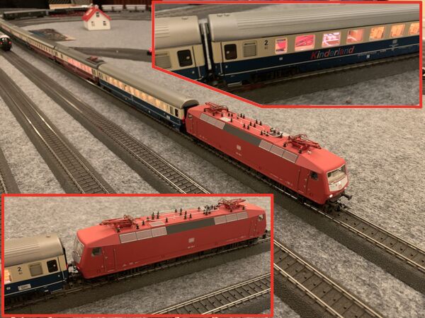 Eine Rote Lok der Baureihe 120.1 vor einem Intercity, der damals im Rahmen einer Aktion der DB als Fernexpress bezeichnet wurde. Familien sollten aus Norddeutschland in den Urlaub in den Süden reisen.
