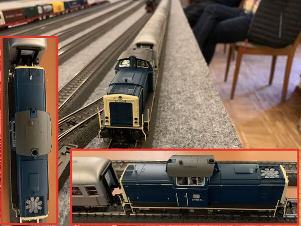 Zusätzliche Detail-Bilder der ESU Diesellok BR 211 (Modell 31571 von 2024) in Ozean Blau/Beige. Der Lüfter kann durch einen eigenen Motor rotieren.